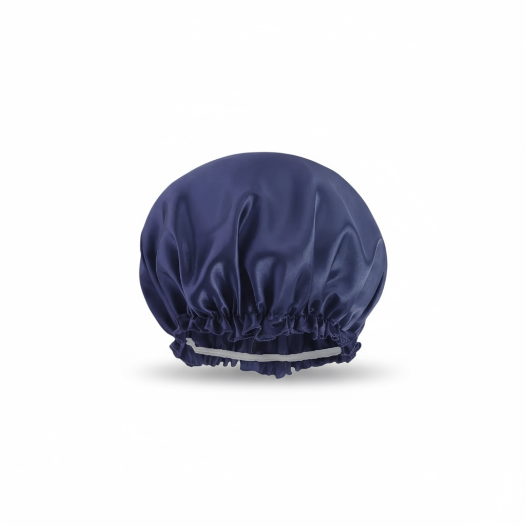 Bonnet satin bleu Jalia Cosmetics pour protéger les cheveux bouclés pendant le sommeil